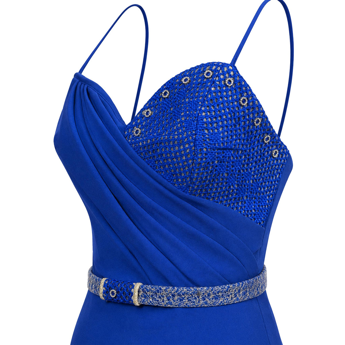 Cocktail Dress — Royal Blue Strapless Draped Mini, Beaded