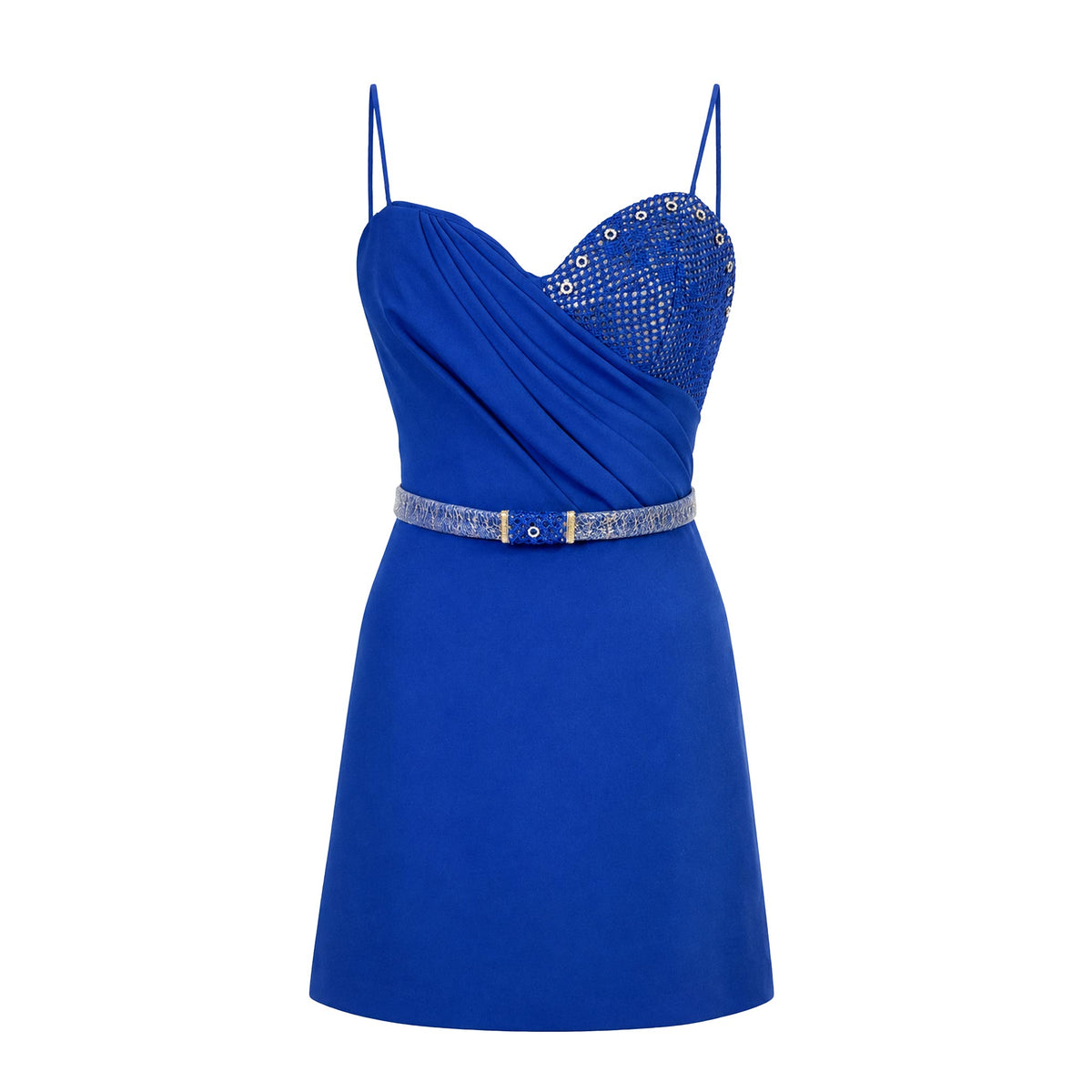 Cocktail Dress — Royal Blue Strapless Draped Mini, Beaded