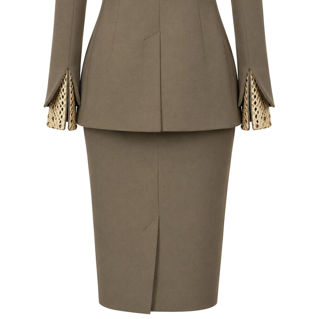 Two-Piece Suit — Olive Green Tailored Jacket and Pencil Skirt
