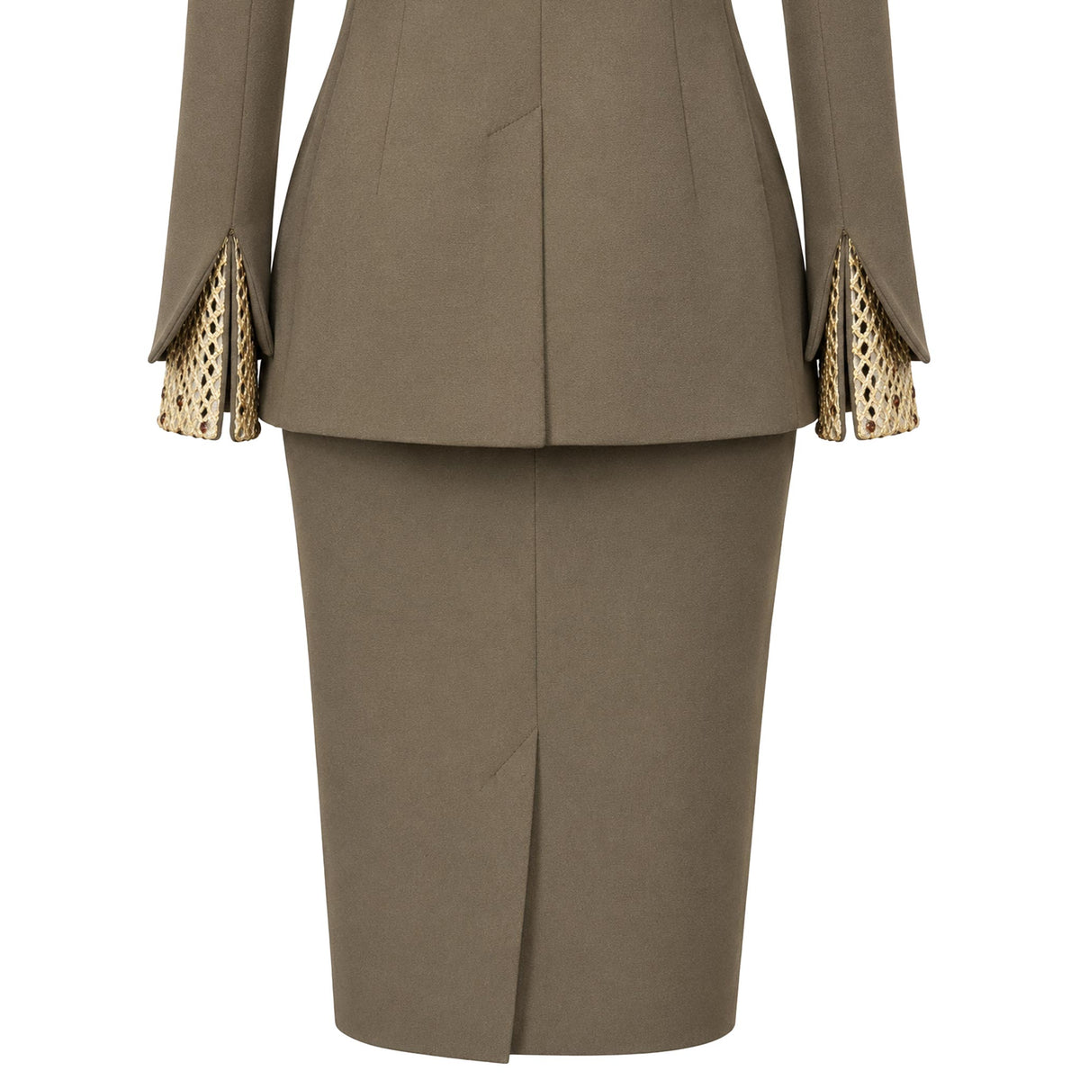 Two-Piece Suit — Olive Green Tailored Jacket and Pencil Skirt