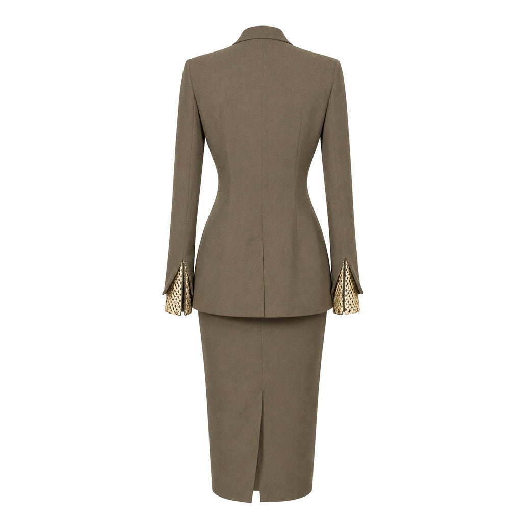 Two-Piece Suit — Olive Green Tailored Jacket and Pencil Skirt