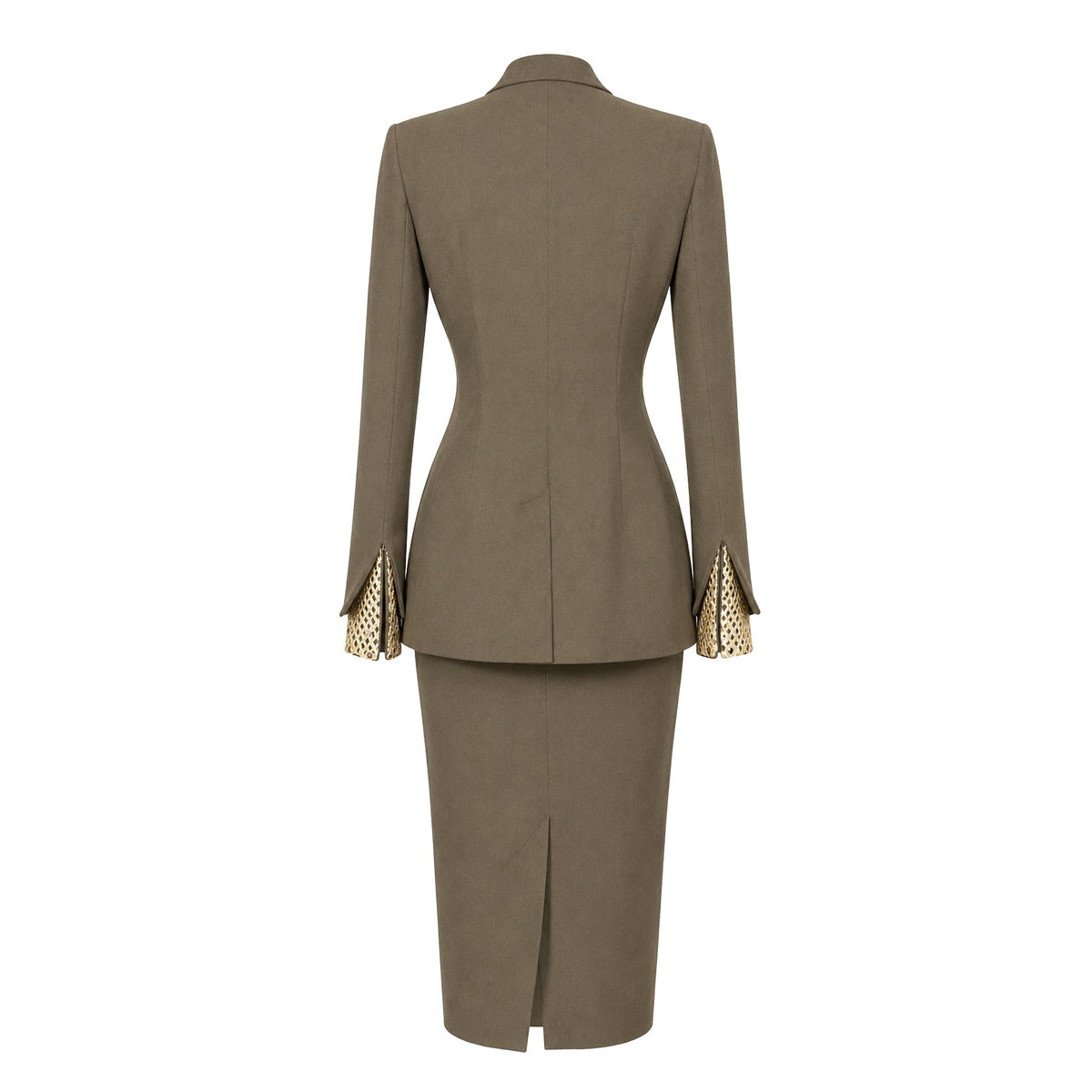 Two-Piece Suit — Olive Green Tailored Jacket and Pencil Skirt