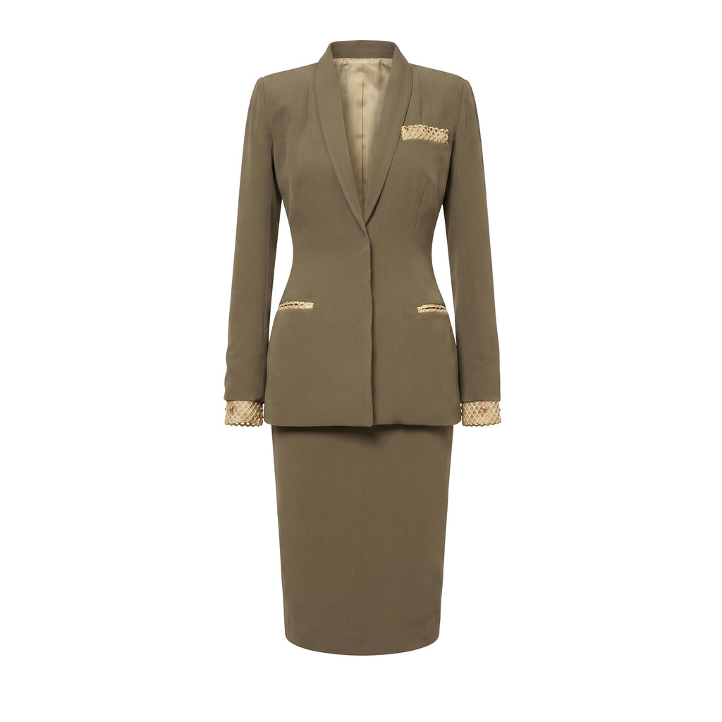 Two-Piece Suit — Olive Green Tailored Jacket and Pencil Skirt