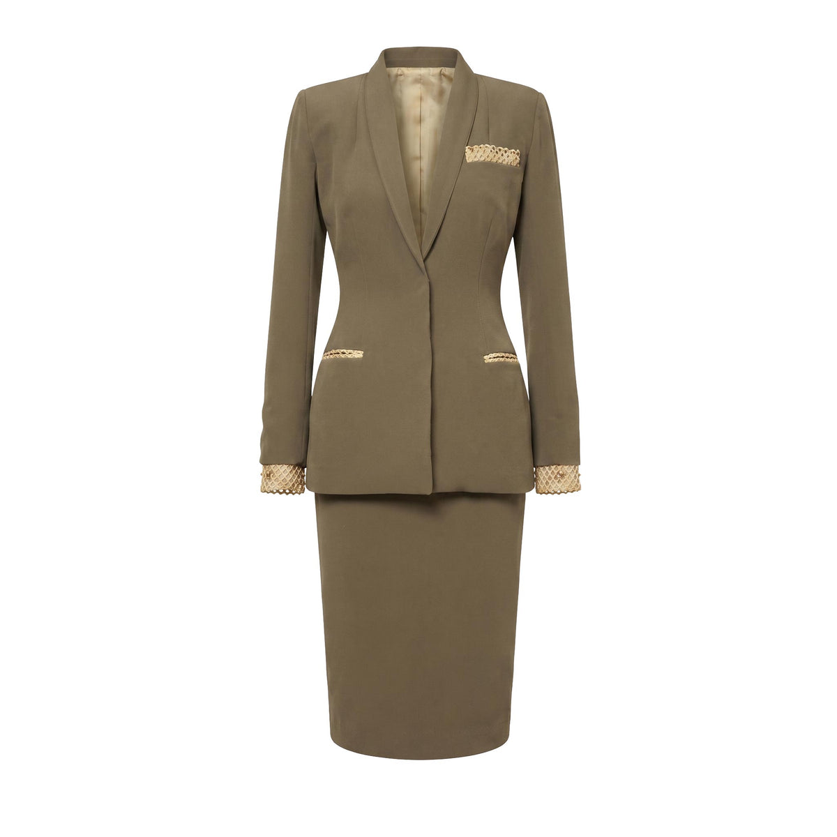 Two-Piece Suit — Olive Green Tailored Jacket and Pencil Skirt