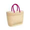 Handwoven Straw Beach Bag — Natural Open Lattice, Pink Handles