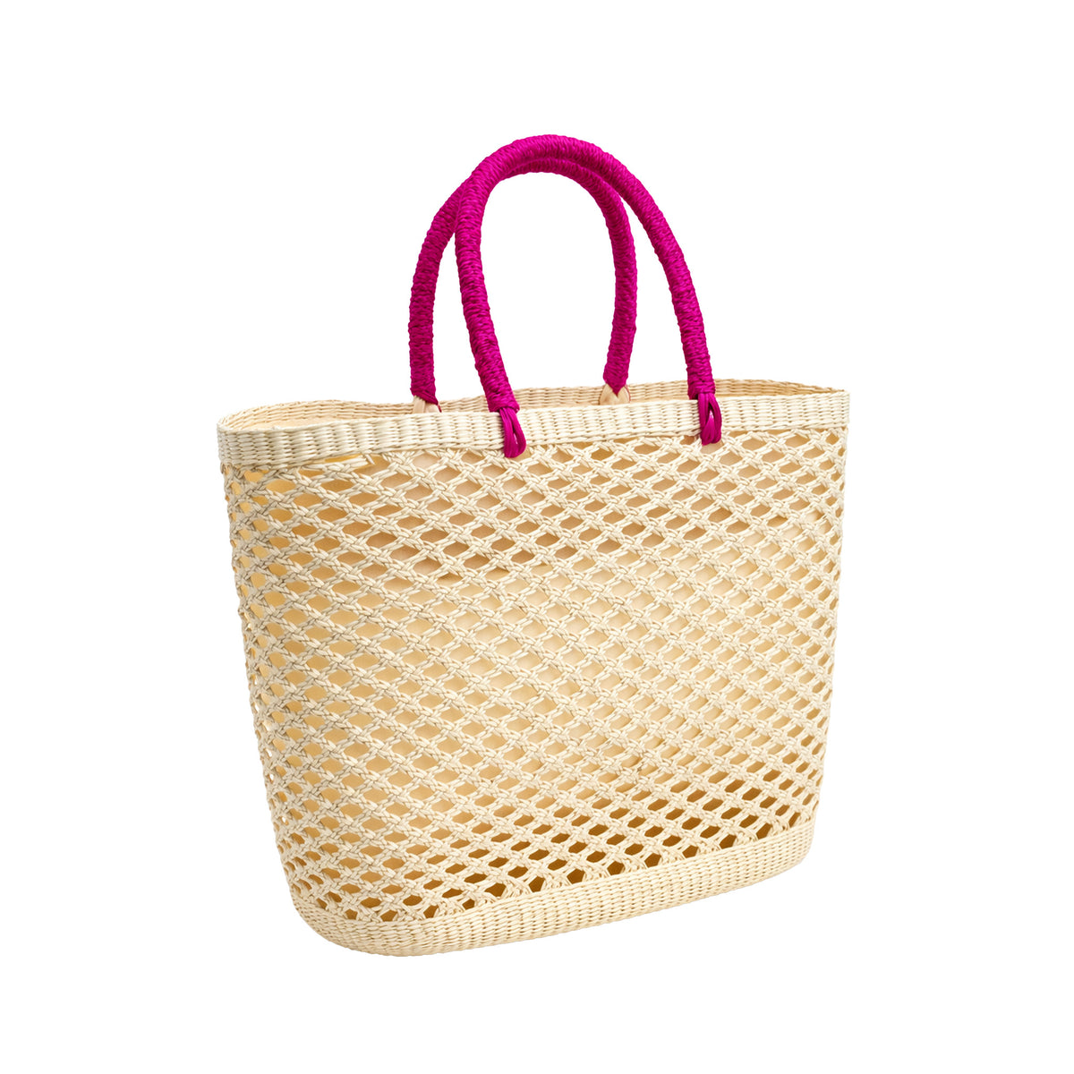 Handwoven Straw Beach Bag — Natural Open Lattice, Pink Handles