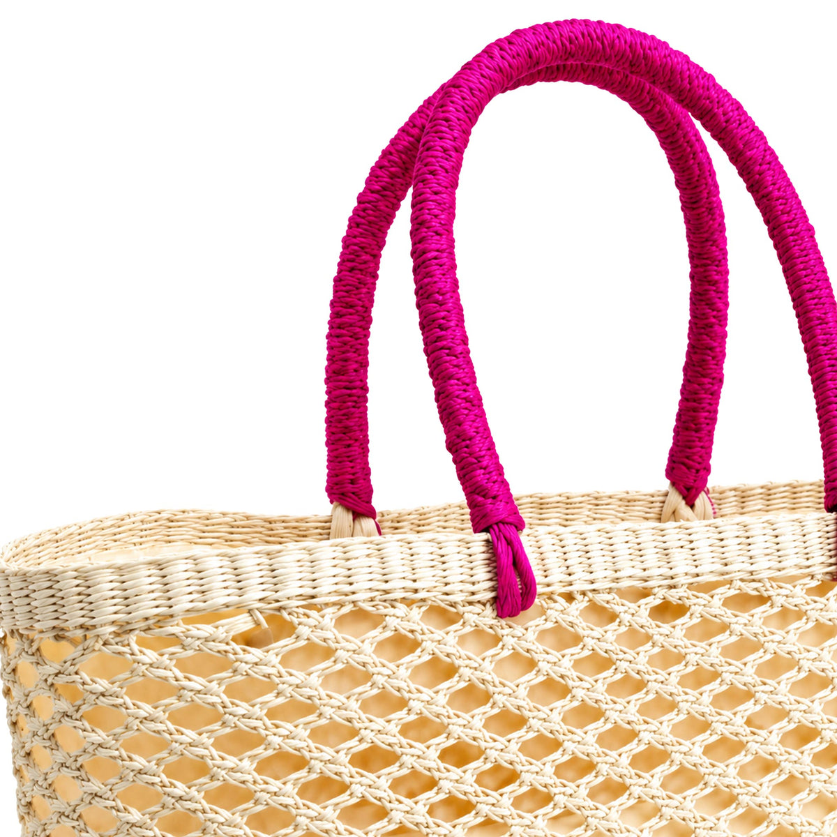 Handwoven Straw Beach Bag — Natural Open Lattice, Pink Handles