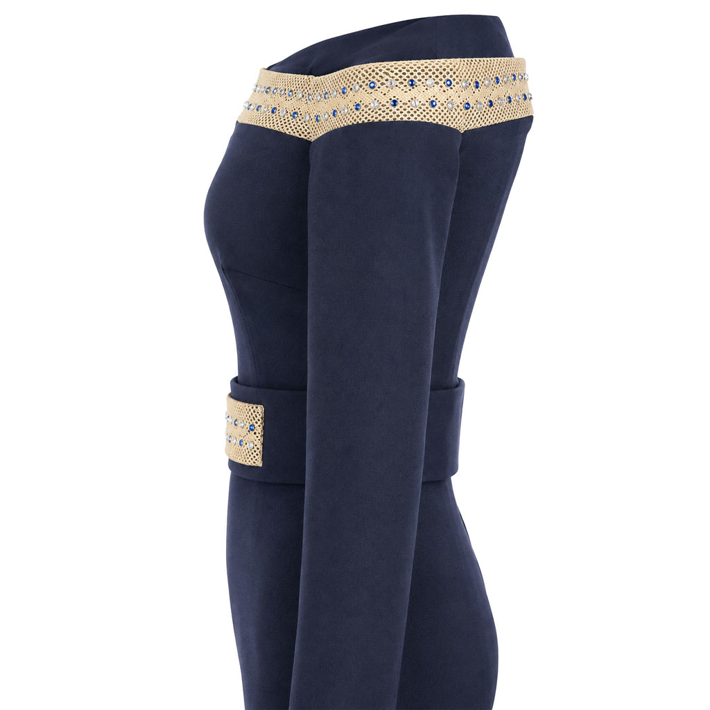 Jumpsuit — Navy Off-Shoulder Wide-Leg Crepe, Beaded
