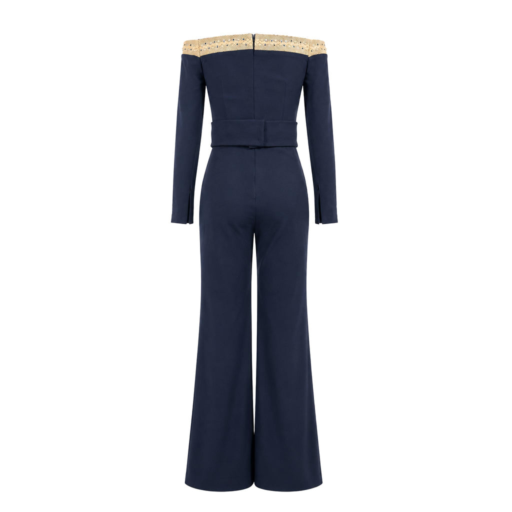 Jumpsuit — Navy Off-Shoulder Wide-Leg Crepe, Beaded