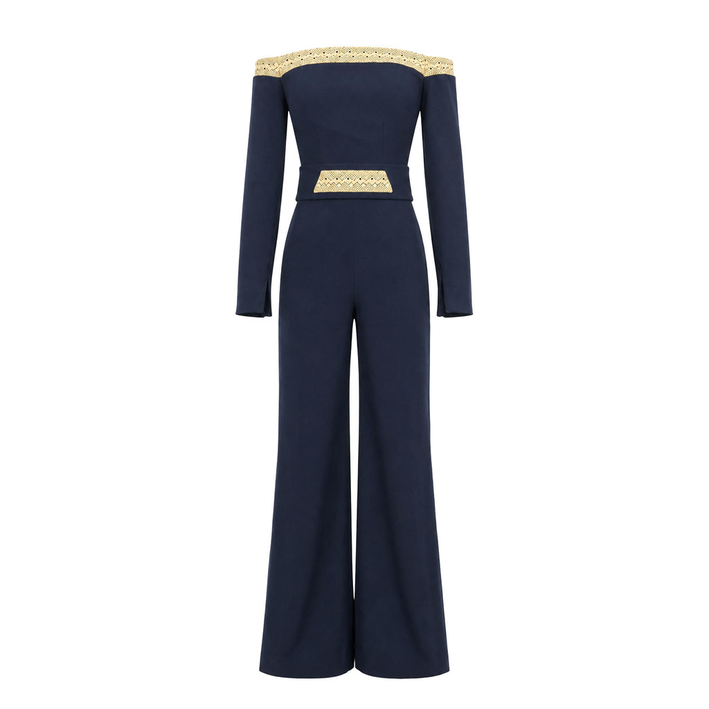Jumpsuit — Navy Off-Shoulder Wide-Leg Crepe, Beaded