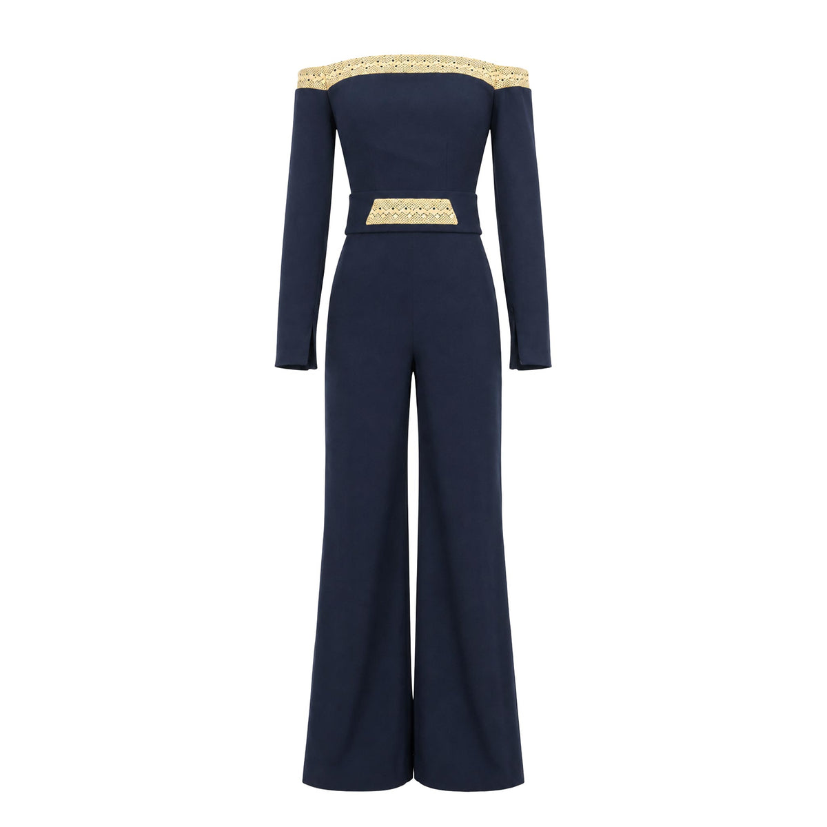 Jumpsuit — Navy Off-Shoulder Wide-Leg Crepe, Beaded