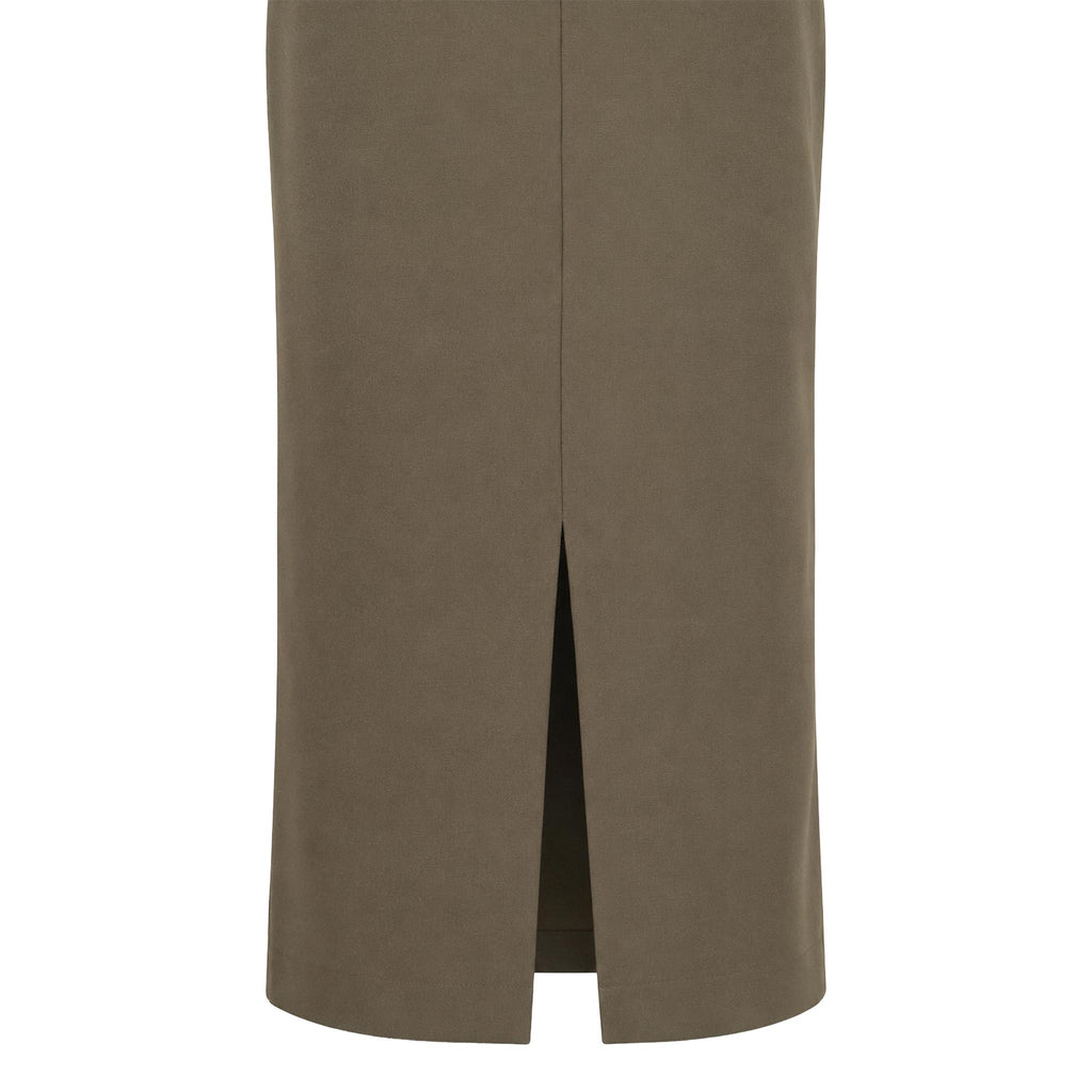 Cocktail Dress — Olive Green Strapless Midi Sheath, Crystal Neckline