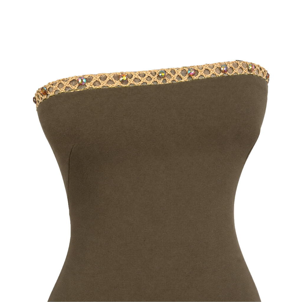Cocktail Dress — Olive Green Strapless Midi Sheath, Crystal Neckline