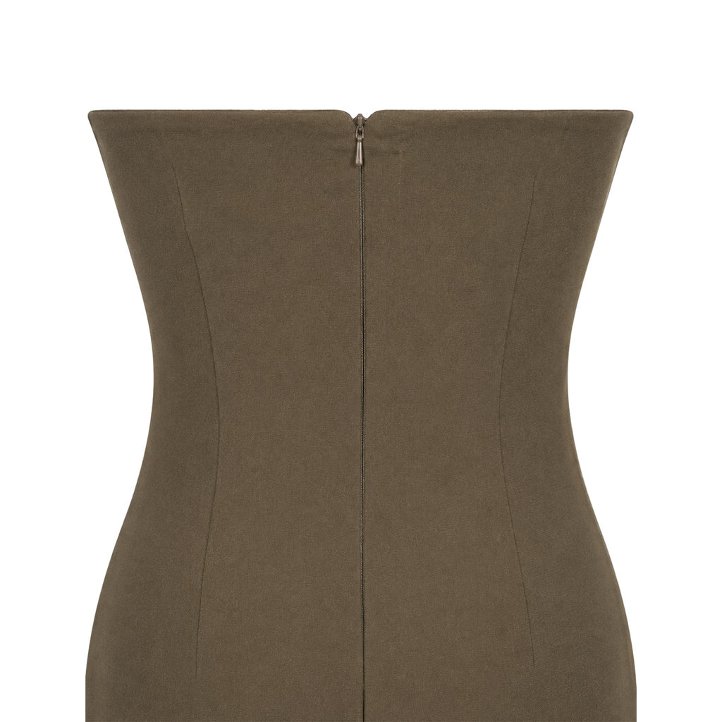 Cocktail Dress — Olive Green Strapless Midi Sheath, Crystal Neckline