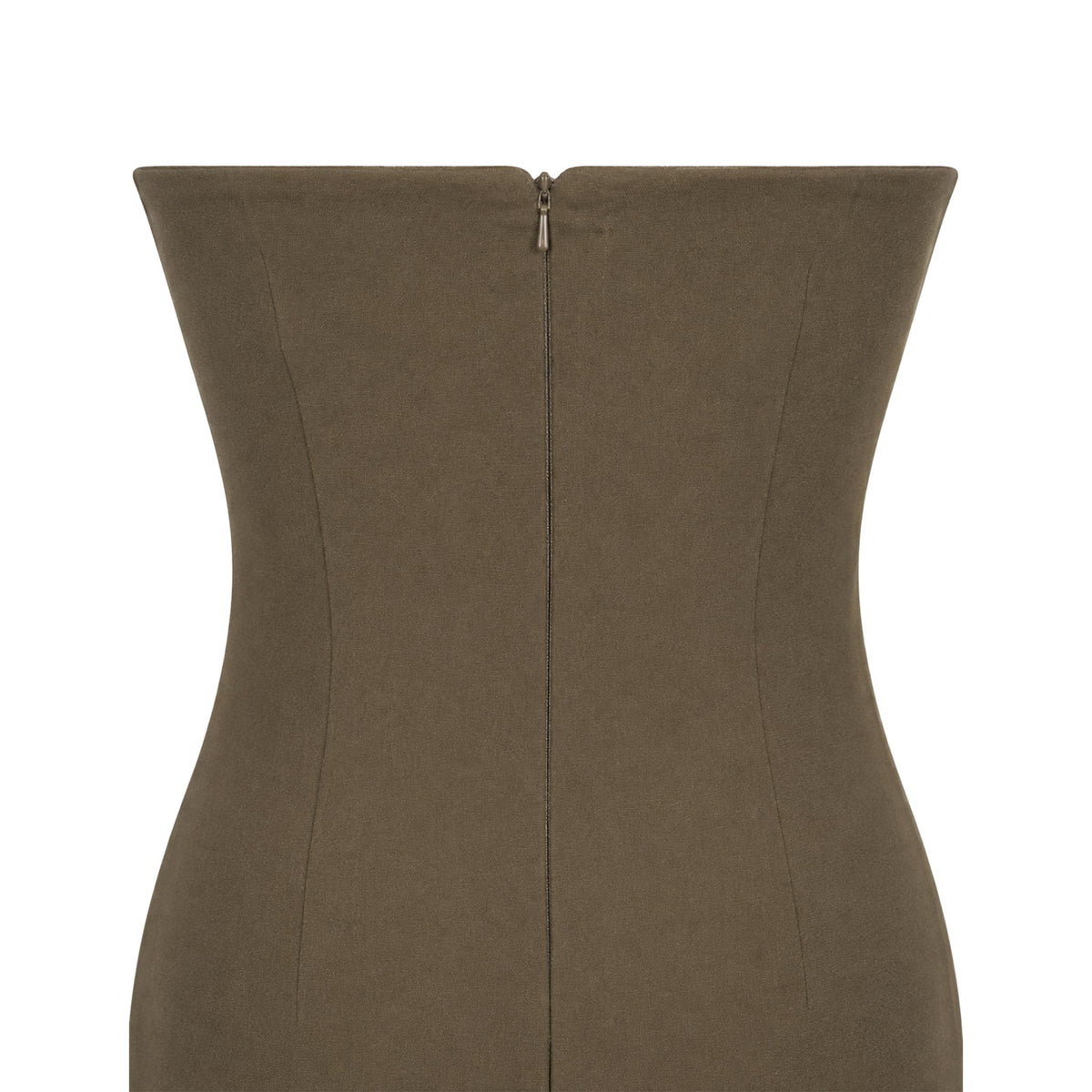 Cocktail Dress — Olive Green Strapless Midi Sheath, Crystal Neckline