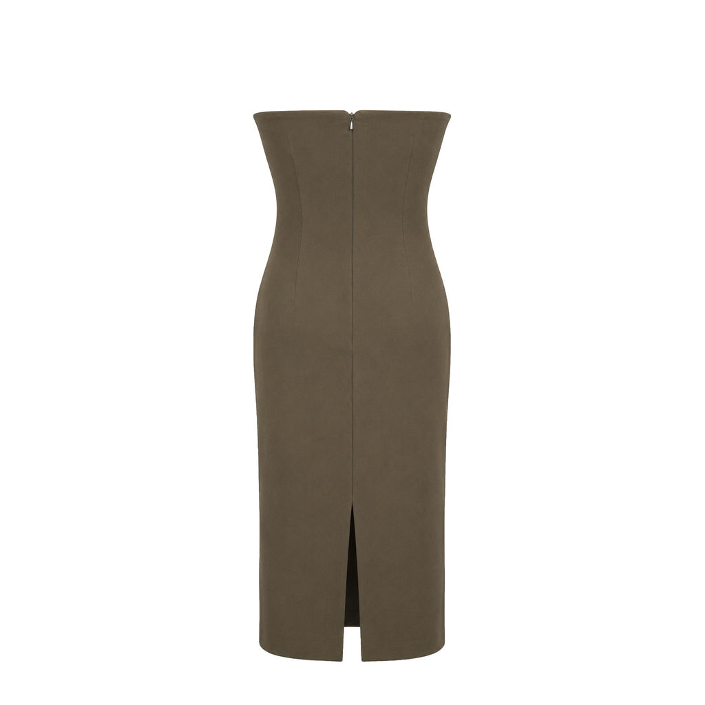 Cocktail Dress — Olive Green Strapless Midi Sheath, Crystal Neckline