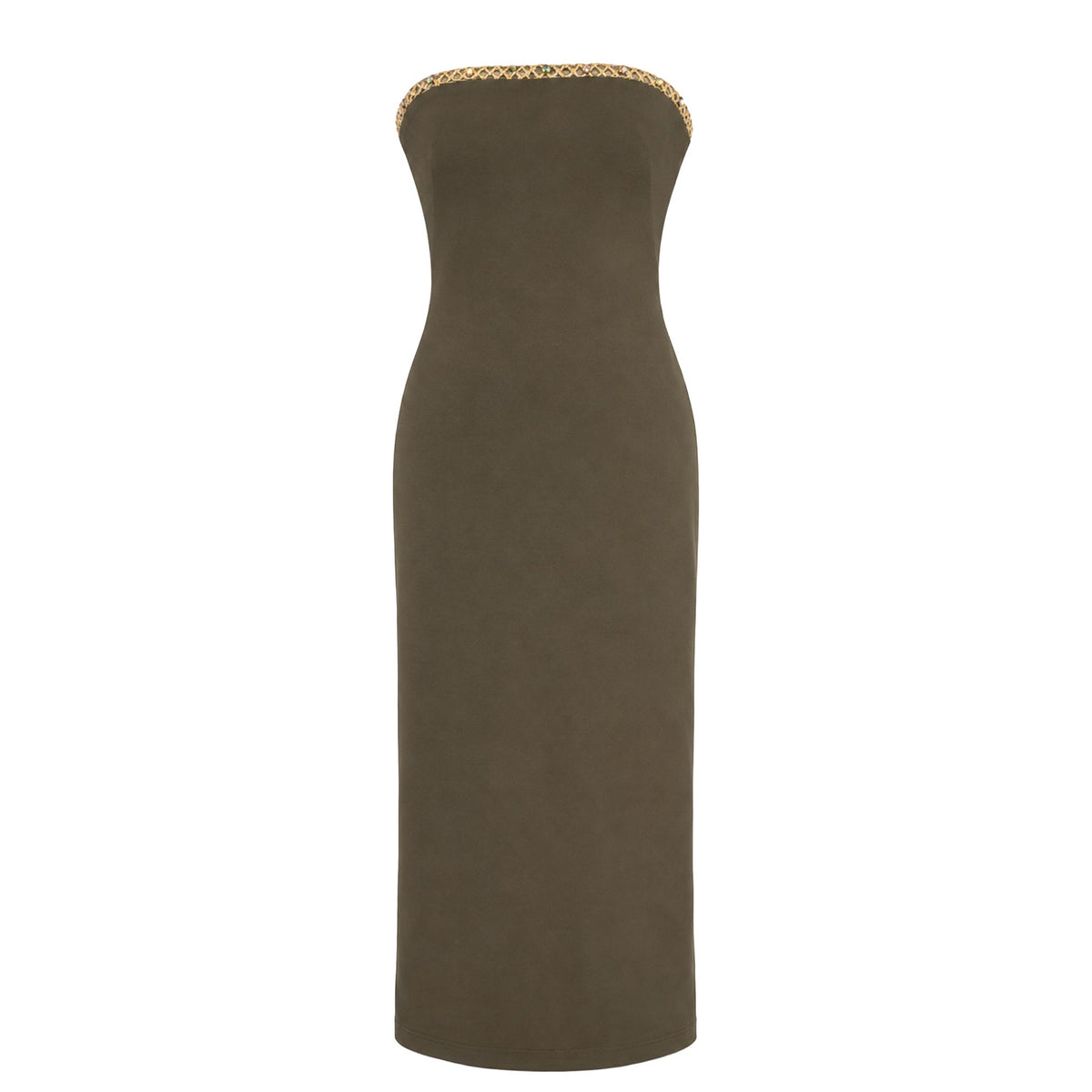Cocktail Dress — Olive Green Strapless Midi Sheath, Crystal Neckline