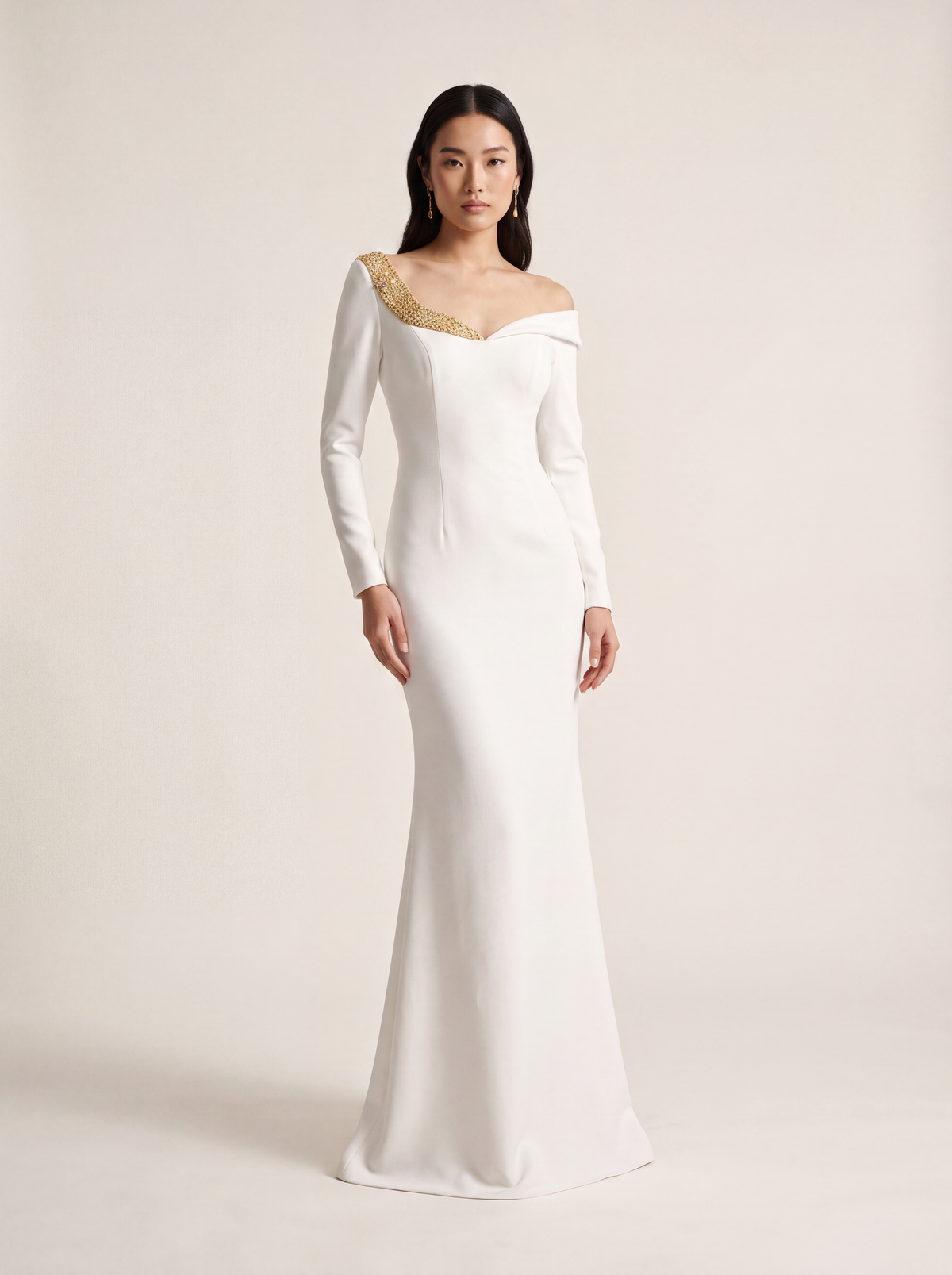 Mermaid Wedding Dress — Ivory One-Shoulder Crepe, Beaded