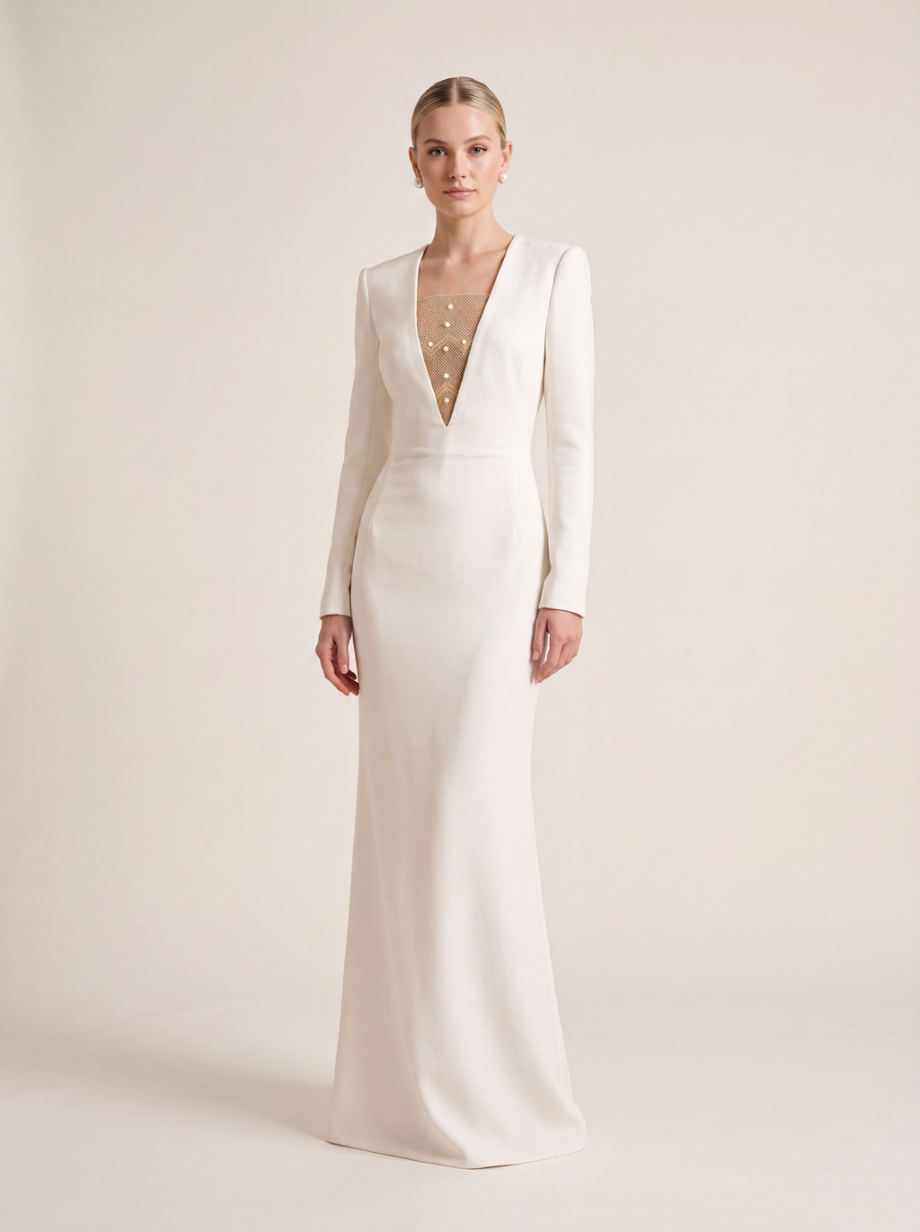 Column Wedding Dress — Ivory Plunging V-Neck Crepe with Woven Panel