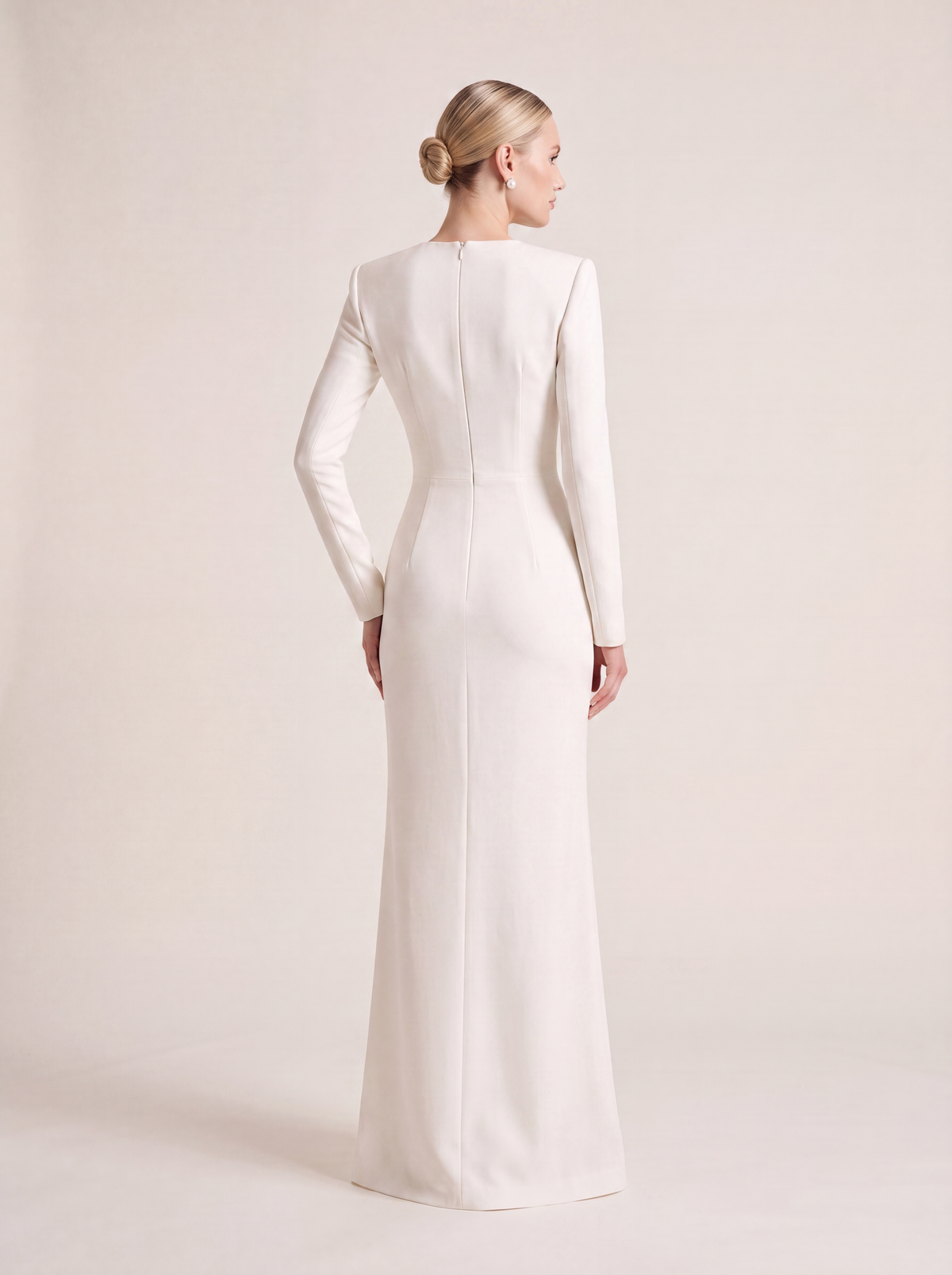 Column Wedding Dress — Ivory Plunging V-Neck Crepe with Woven Panel