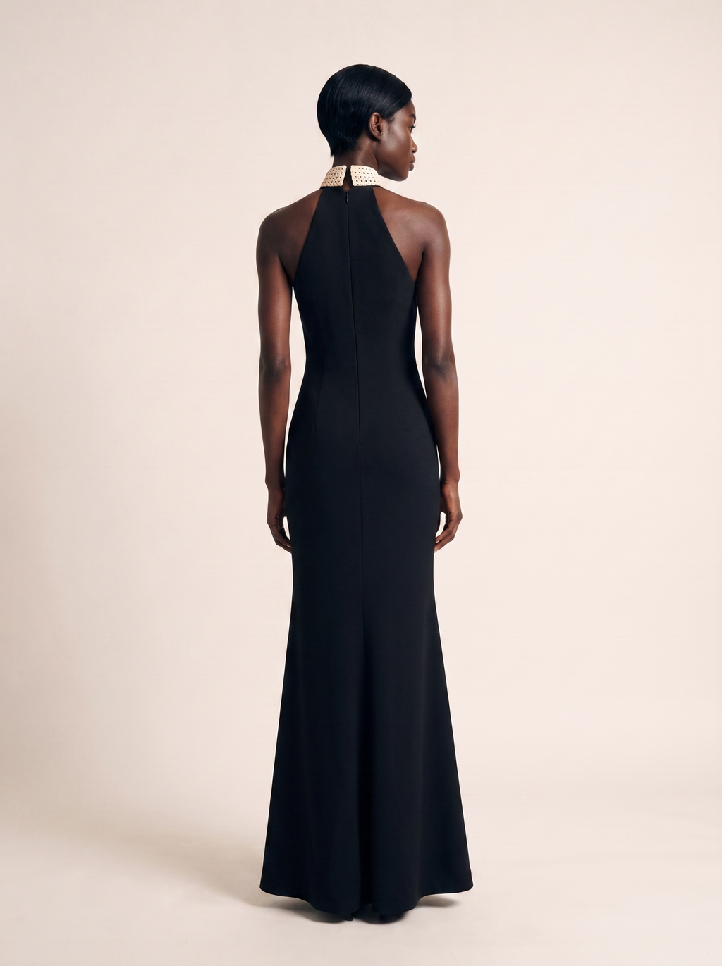 Mermaid Evening Gown — Black Halter with Woven Collar