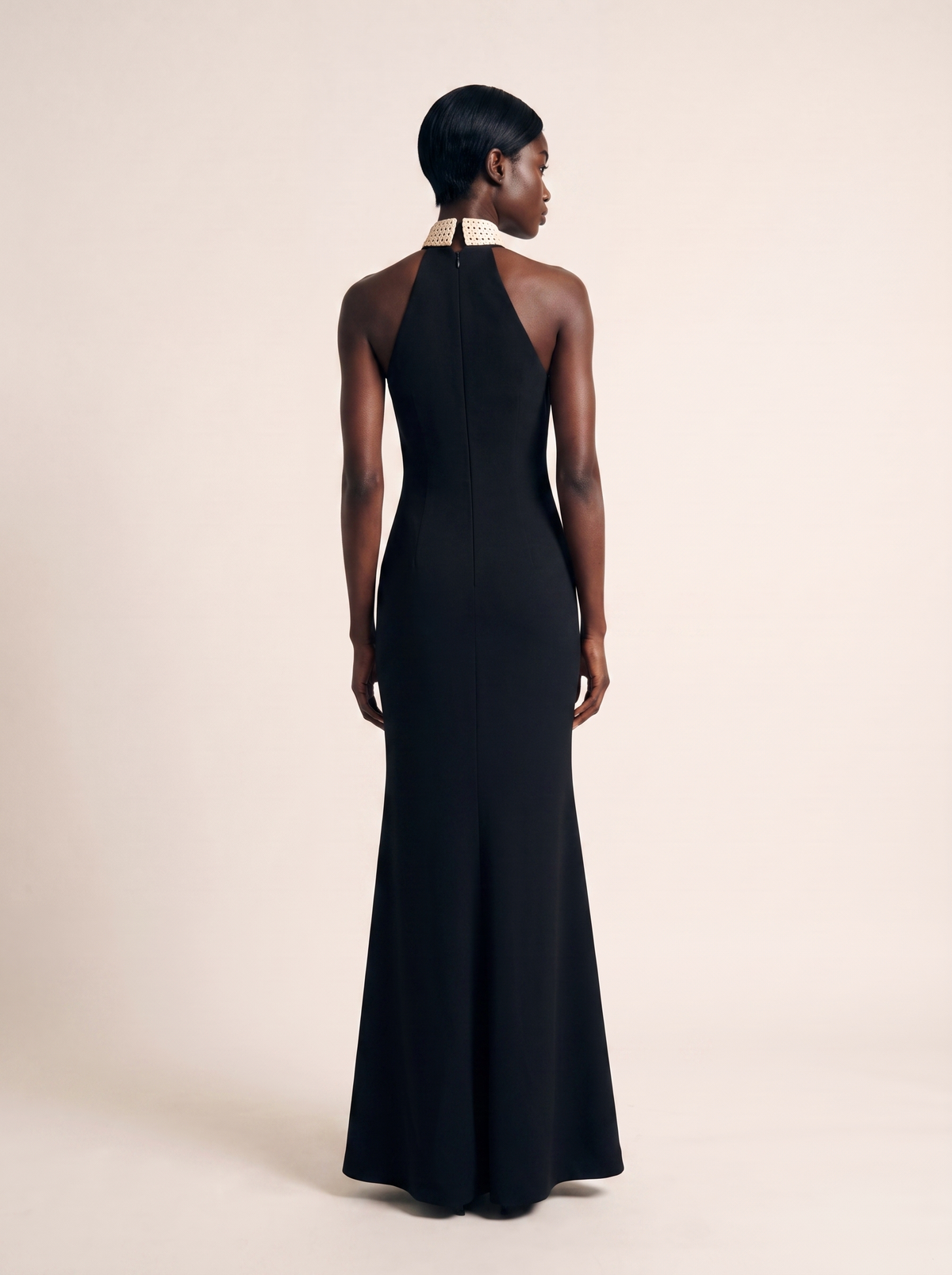 Mermaid Evening Gown — Black Halter with Woven Collar