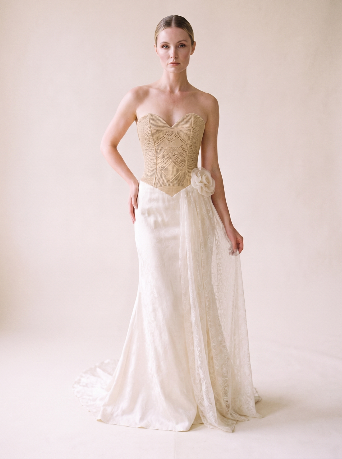 Mermaid Wedding Dress — Ivory Strapless Woven Corset with Lace Train