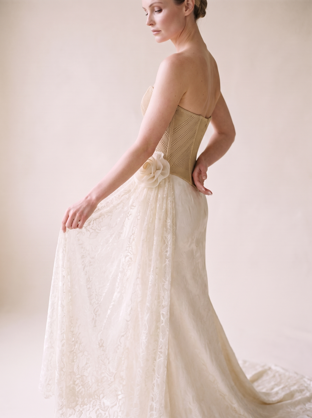 Mermaid Wedding Dress — Ivory Strapless Woven Corset with Lace Train