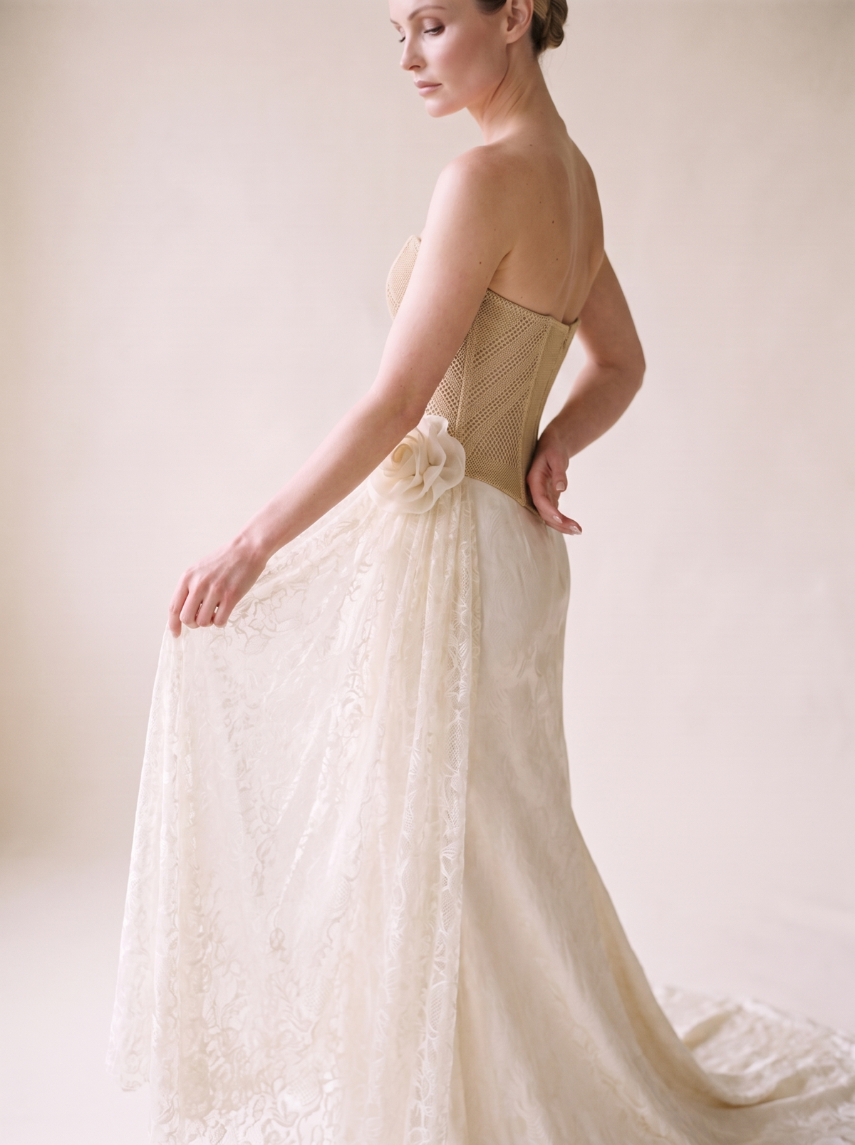 Mermaid Wedding Dress — Ivory Strapless Woven Corset with Lace Train