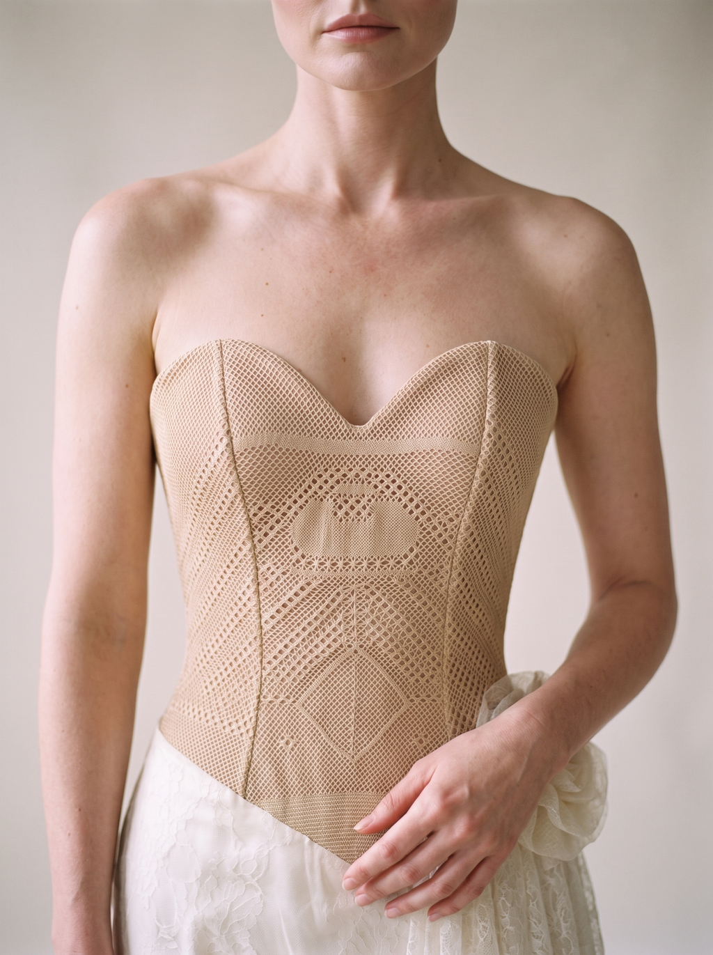 Mermaid Wedding Dress — Ivory Strapless Woven Corset with Lace Train