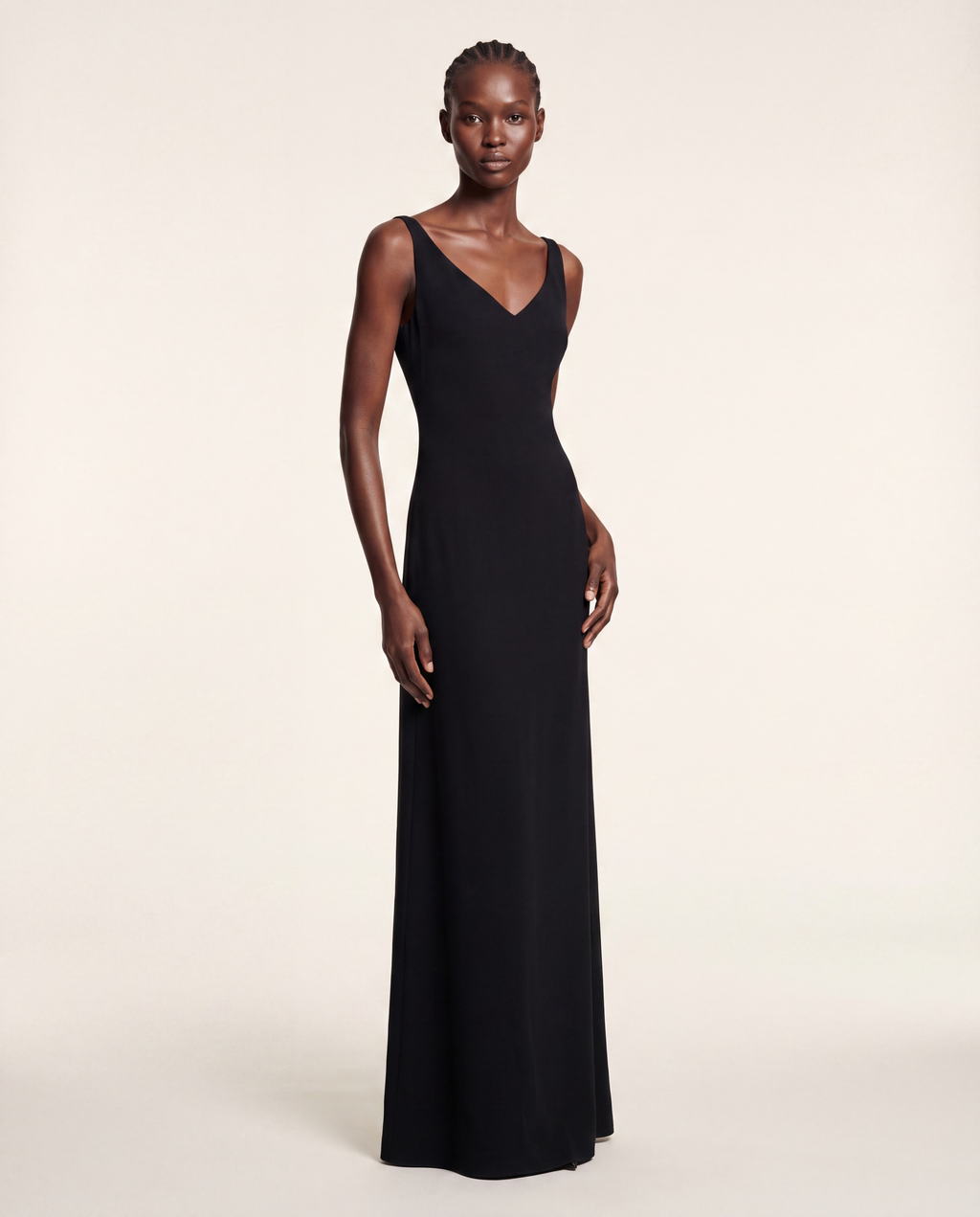 Evening Gown — Black Open-Back Maxi, Sleeveless Crepe