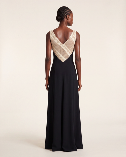 Evening Gown — Black Open-Back Maxi, Sleeveless Crepe
