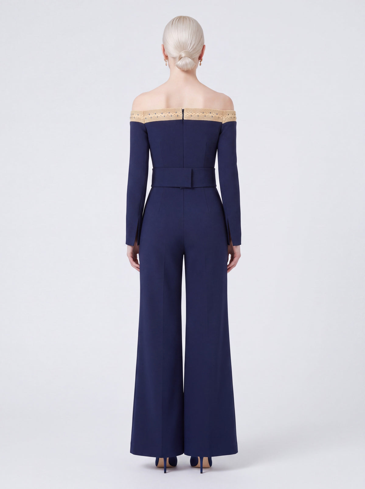 Jumpsuit — Navy Off-Shoulder Wide-Leg Crepe, Beaded