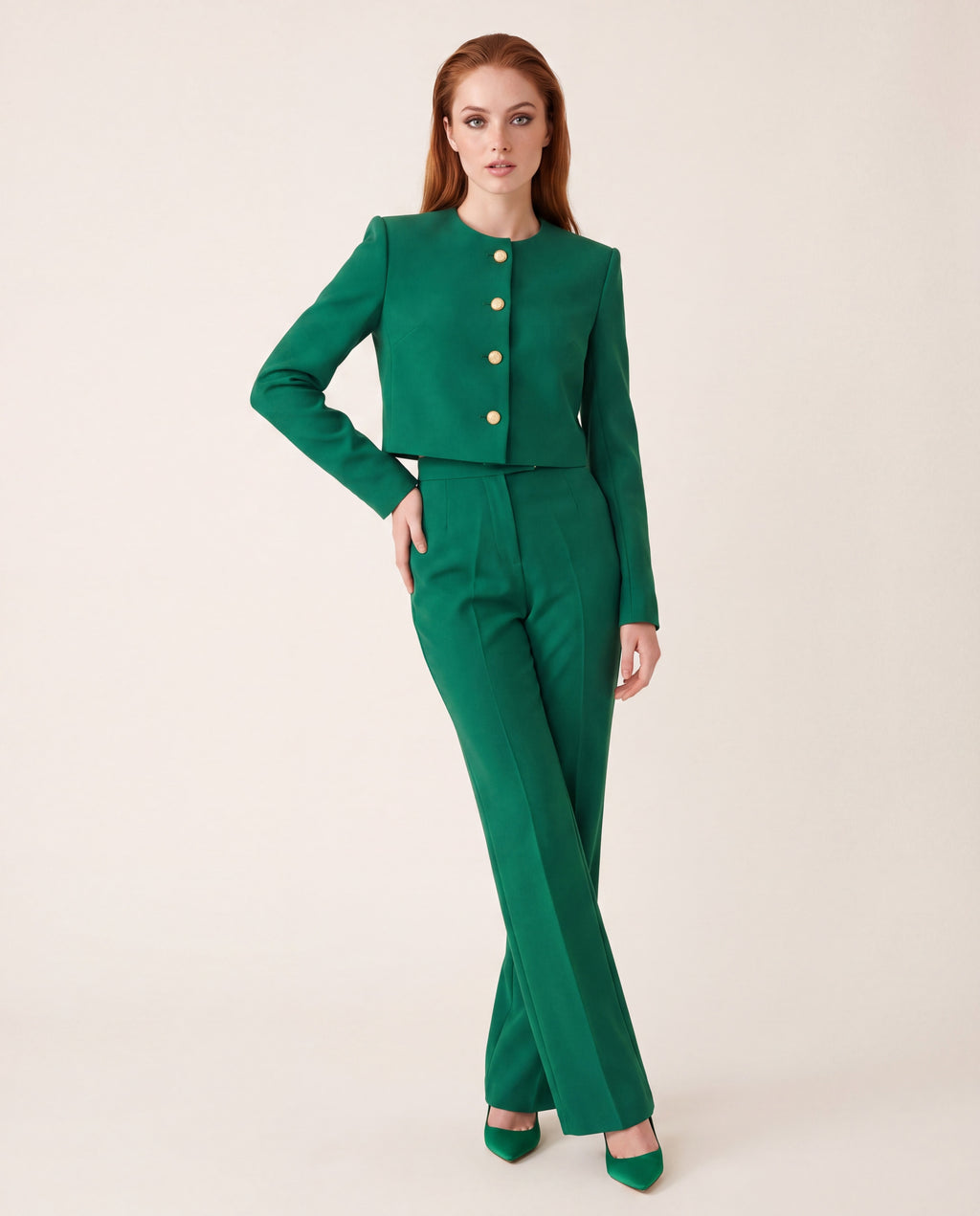 Two-Piece Suit — Emerald Green Collarless Jacket and Flared Trousers
