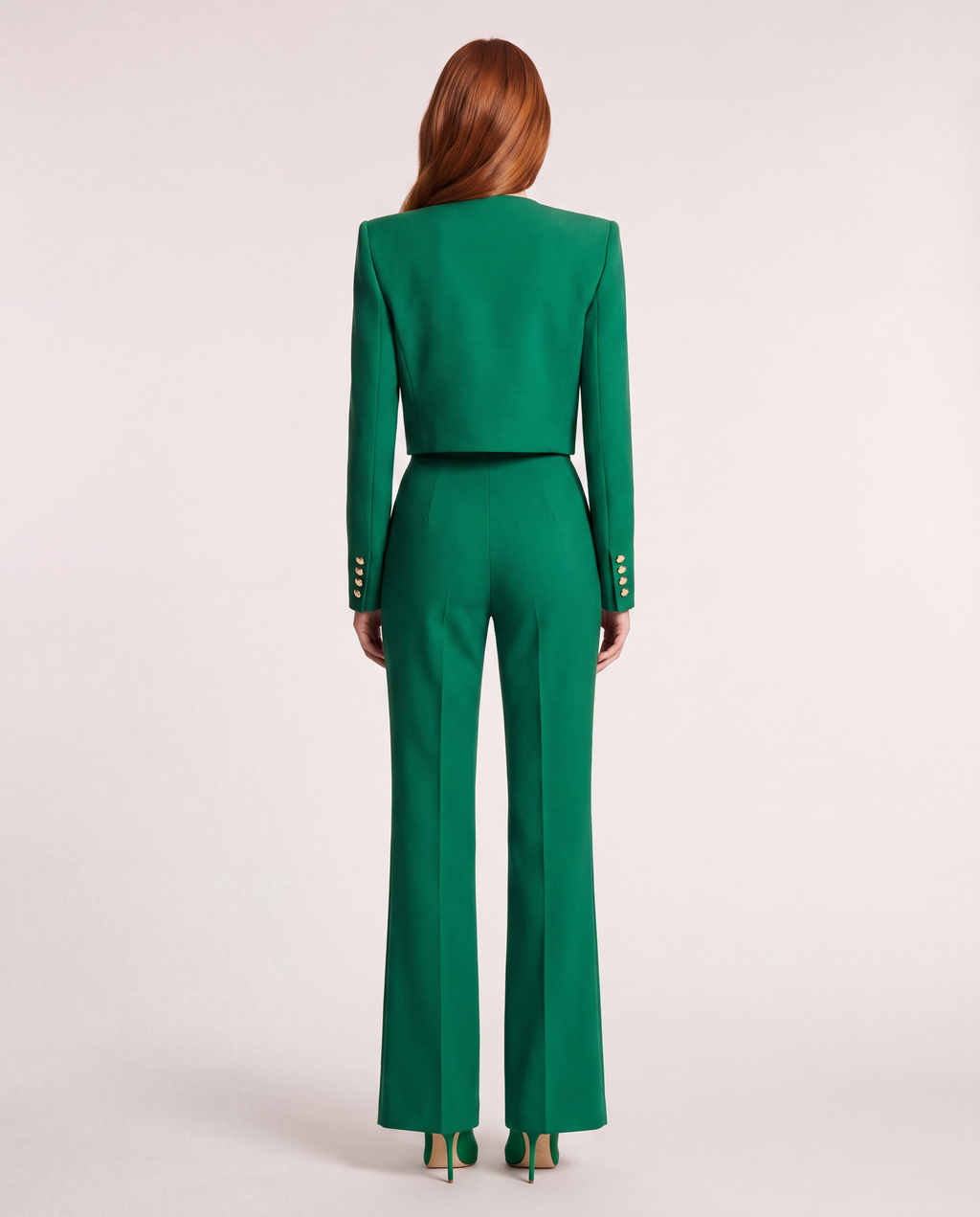 Two-Piece Suit — Emerald Green Collarless Jacket and Flared Trousers
