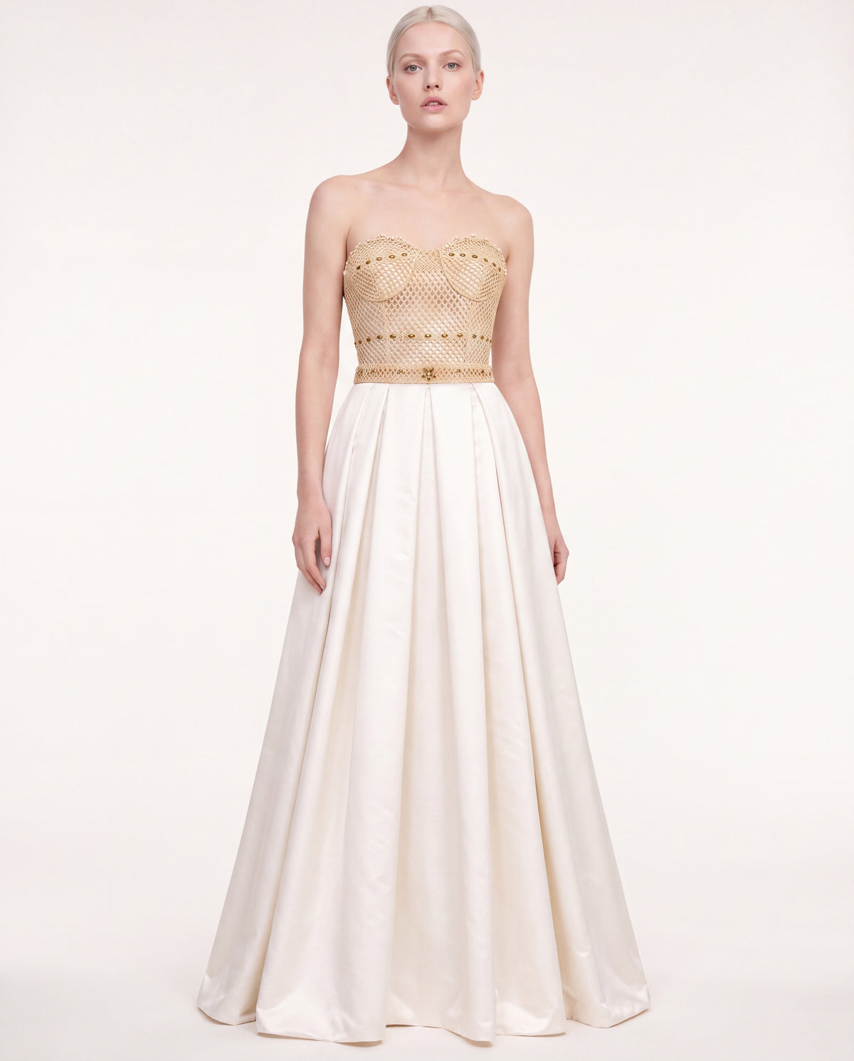 Ball Gown Wedding Dress — Ivory Strapless Satin, Beaded