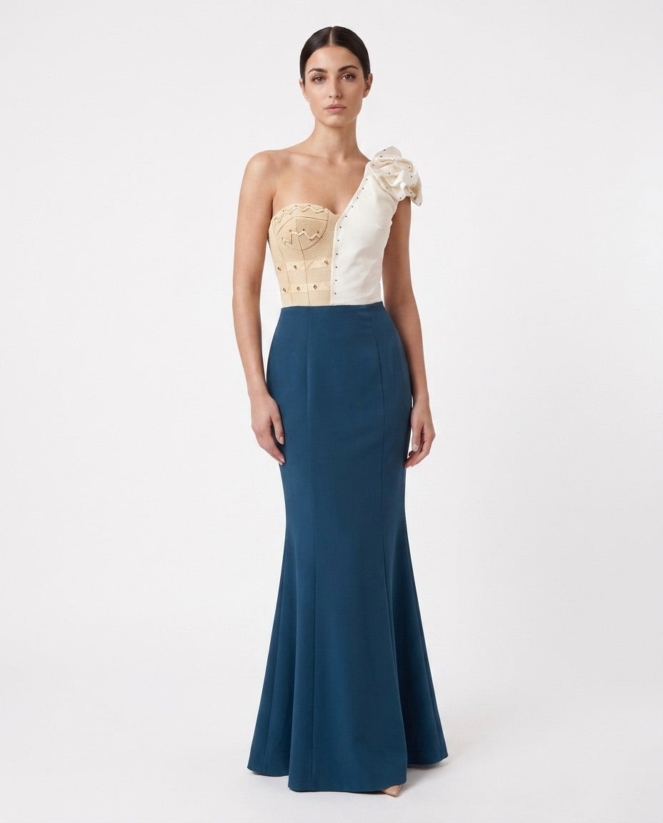 Mermaid Evening Gown — Teal One-Shoulder with Beaded Corset
