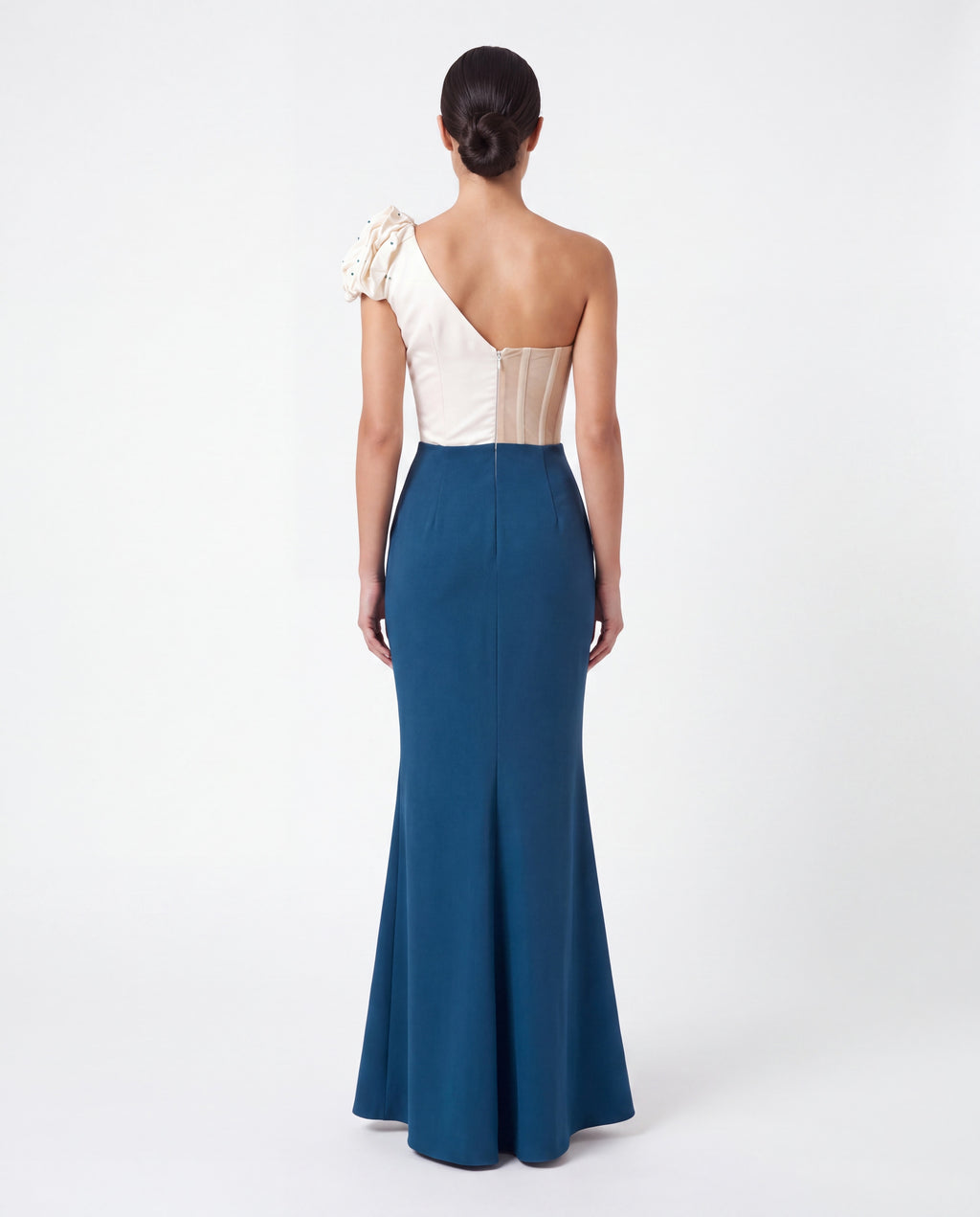 Mermaid Evening Gown — Teal One-Shoulder with Beaded Corset