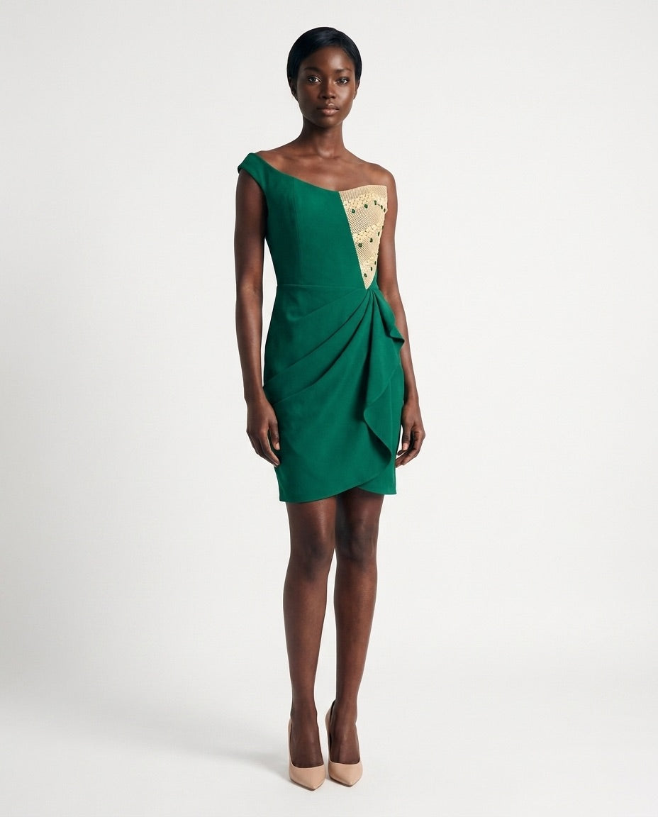 Cocktail Dress — Emerald Green Off-Shoulder Draped Mini
