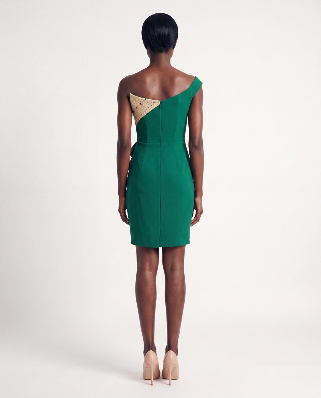 Cocktail Dress — Emerald Green Off-Shoulder Draped Mini