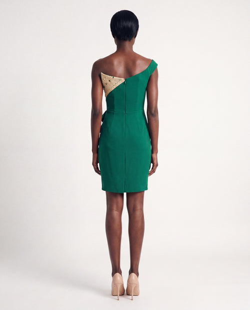Cocktail Dress — Emerald Green Off-Shoulder Draped Mini