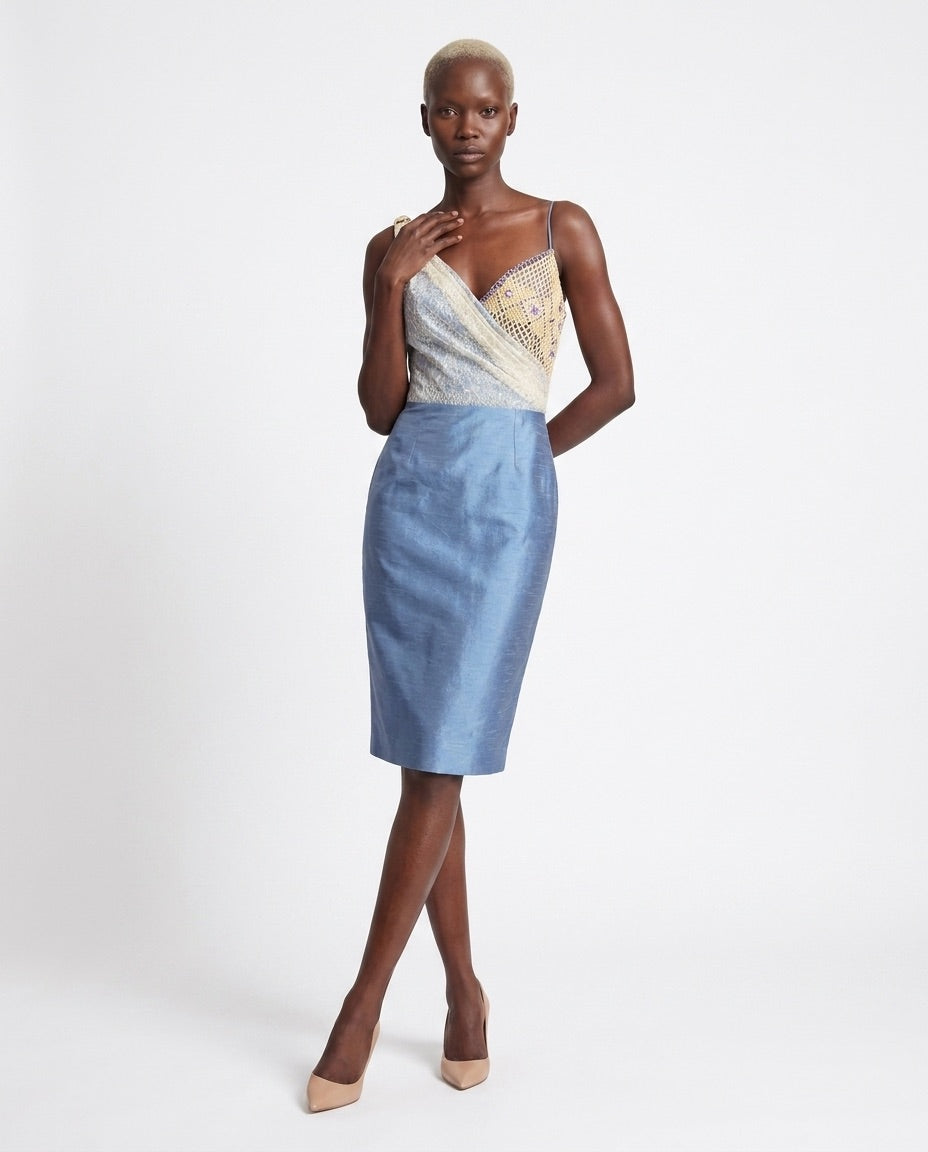 Cocktail Dress — Light Blue Silk Shantung with Beaded Lace Bodice