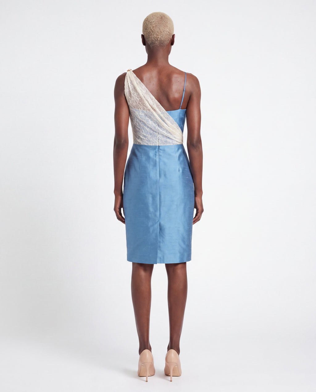 Cocktail Dress — Light Blue Silk Shantung with Beaded Lace Bodice
