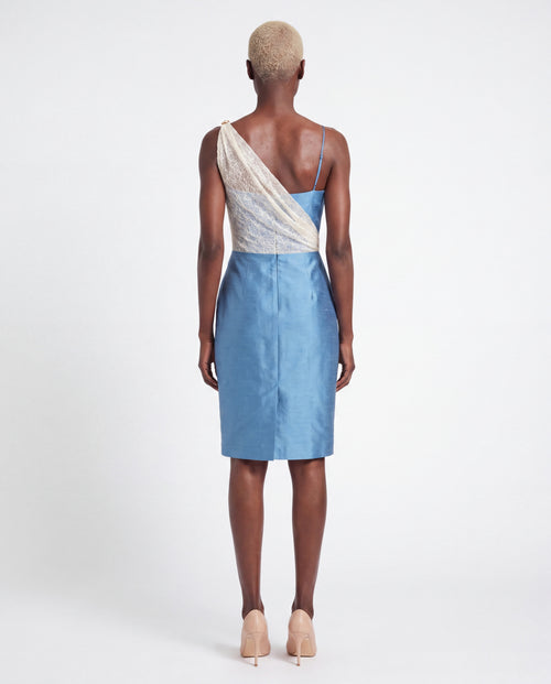Cocktail Dress — Light Blue Silk Shantung with Beaded Lace Bodice