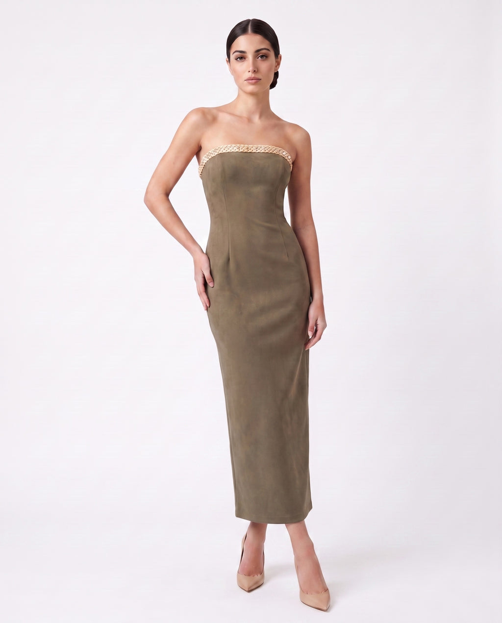 Cocktail Dress — Olive Green Strapless Midi Sheath, Crystal Neckline