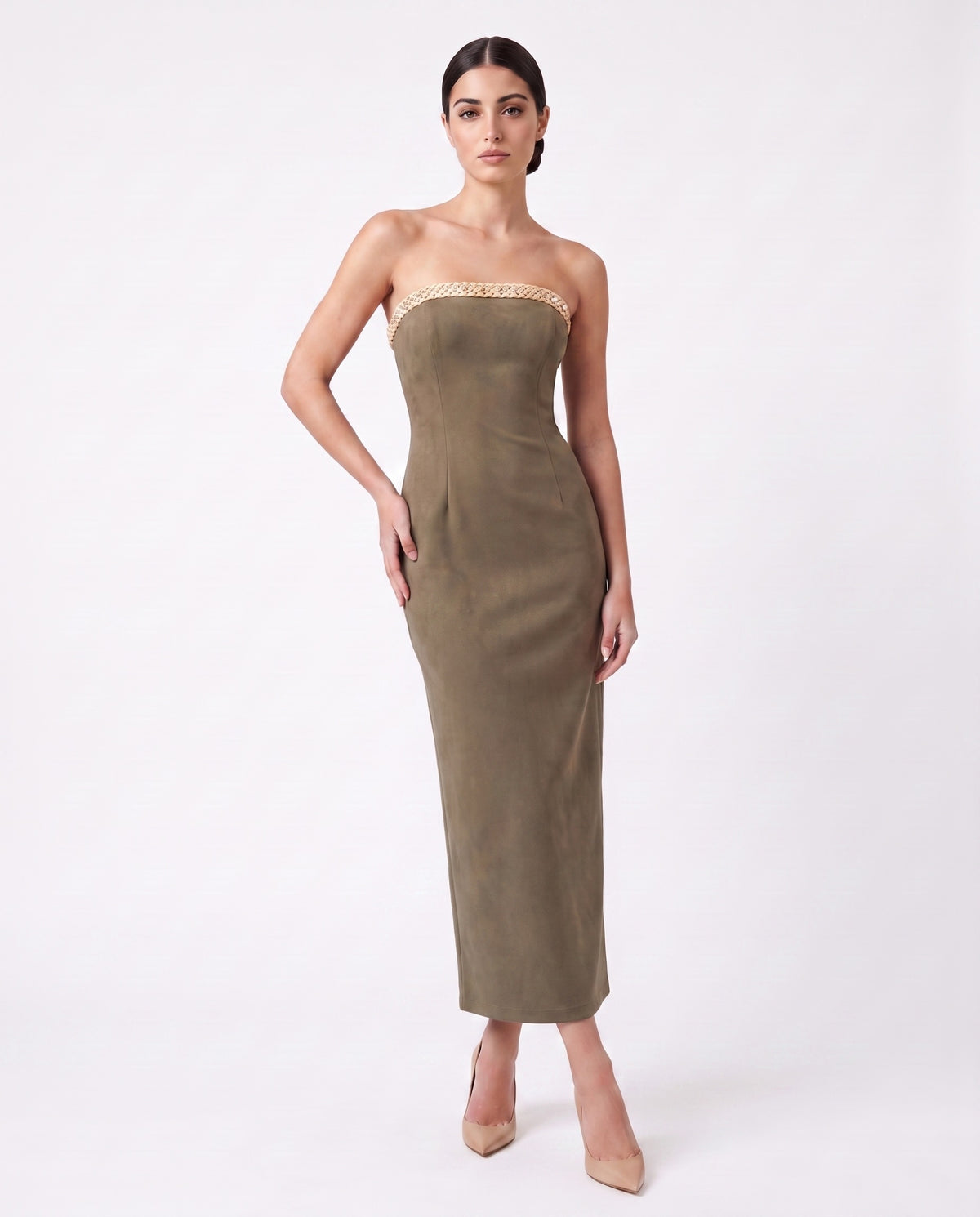 Cocktail Dress — Olive Green Strapless Midi Sheath, Crystal Neckline