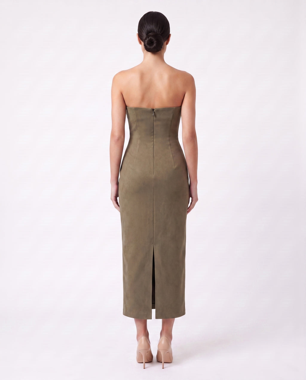 Cocktail Dress — Olive Green Strapless Midi Sheath, Crystal Neckline