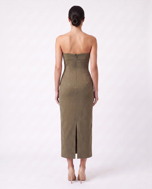 Cocktail Dress — Olive Green Strapless Midi Sheath, Crystal Neckline