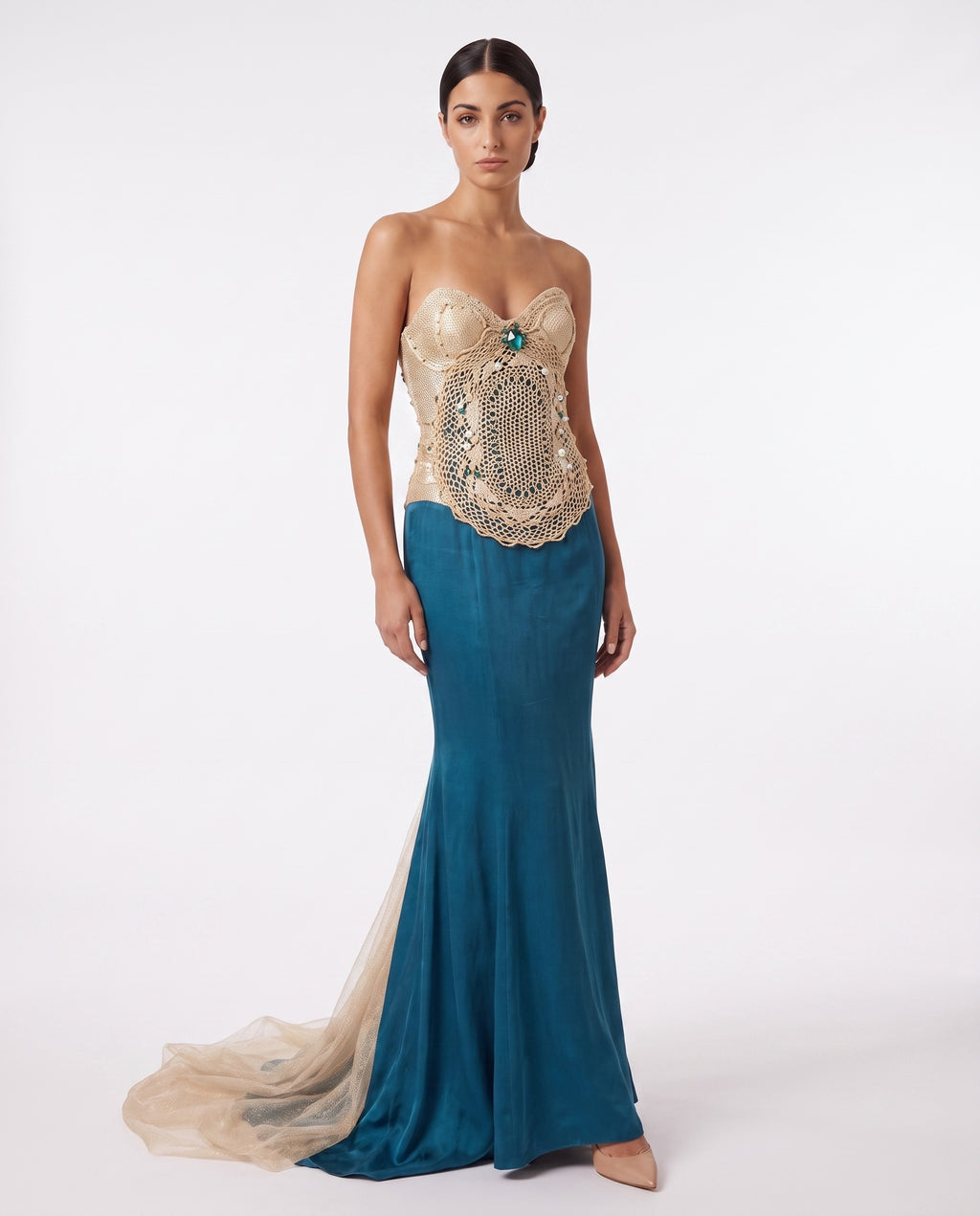 Mermaid Evening Gown — Teal Silk Satin Strapless with Gold Tulle Train