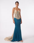 Mermaid Evening Gown — Teal Silk Satin Strapless with Gold Tulle Train